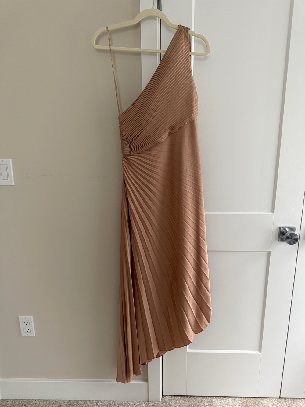 A.L.C. One-Shoulder Asymmetrical Pleated Midi Dress in Taupe Brown
